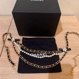 CHANEL Gold and Black Chain Belt with Pearls and Camellia Accents